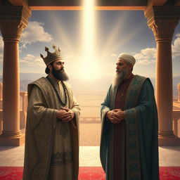A historical depiction of Cyrus the Great and Reza Shah standing together in a serene, dignified pose, both men adorned in traditional Persian attire with intricate designs