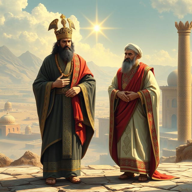 A historical depiction of Cyrus the Great and Reza Shah standing together in a serene, dignified pose, both men adorned in traditional Persian attire with intricate designs