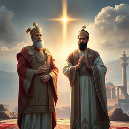 A historical depiction of Cyrus the Great and Reza Shah standing together in a serene, dignified pose, both men adorned in traditional Persian attire with intricate designs