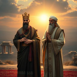 A historical depiction of Cyrus the Great and Reza Shah standing together in a serene, dignified pose, both men adorned in traditional Persian attire with intricate designs