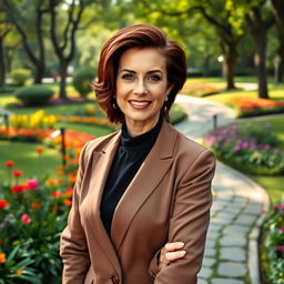 A beautiful and fashionable Russian woman aged 45-50, showcasing a modern and elegant hairstyle that flatters her features