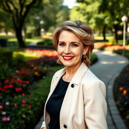 A beautiful and fashionable Russian woman aged 45-50, showcasing a modern and elegant hairstyle that flatters her features