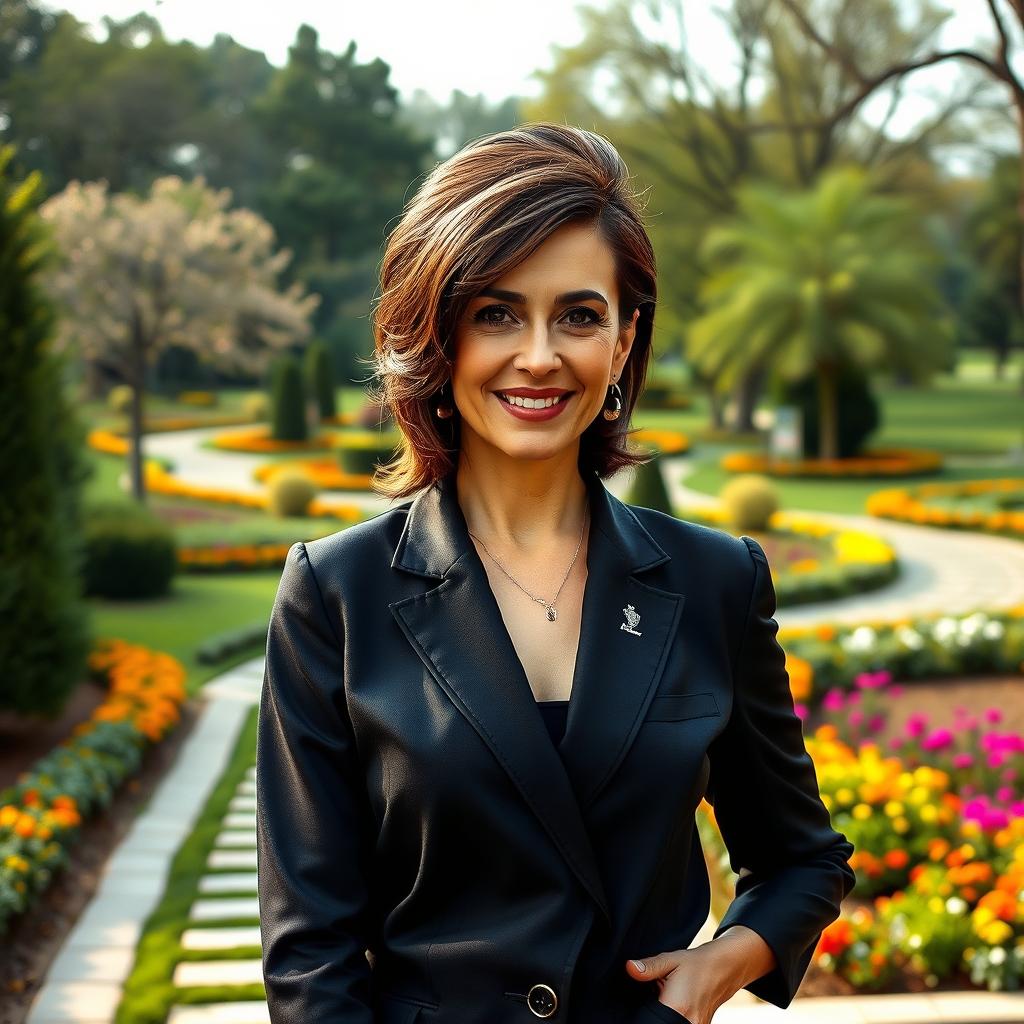 A beautiful and fashionable Russian woman aged 45-50, showcasing a modern and elegant hairstyle that flatters her features
