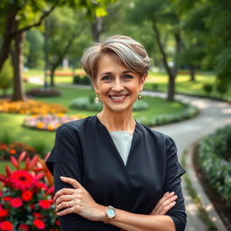 A beautiful and fashionable Russian woman aged 45-50, showcasing a modern and elegant hairstyle that flatters her features