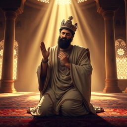 A majestic and respectful artistic representation of Cyrus the Great, depicted as a noble figure in traditional Persian attire, kneeling in a prayerful position