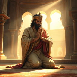 A majestic and respectful artistic representation of Cyrus the Great, depicted as a noble figure in traditional Persian attire, kneeling in a prayerful position