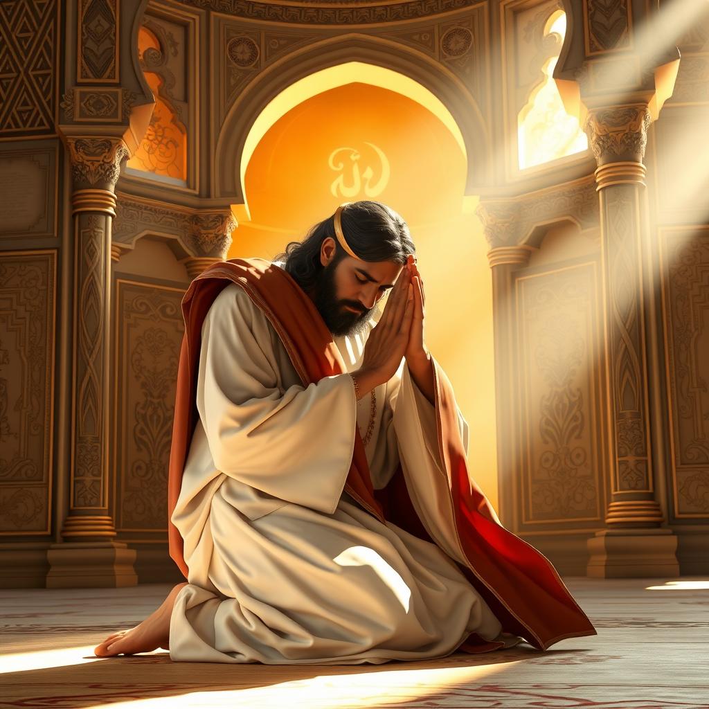 A majestic and respectful artistic representation of Cyrus the Great, depicted as a noble figure in traditional Persian attire, kneeling in a prayerful position