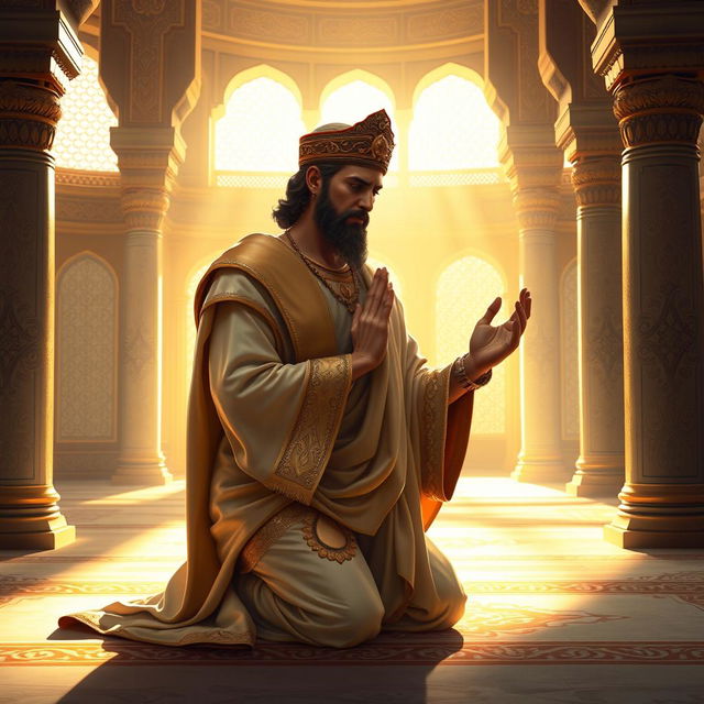 A majestic and respectful artistic representation of Cyrus the Great, depicted as a noble figure in traditional Persian attire, kneeling in a prayerful position