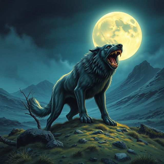 A book cover illustration featuring a large, glowing hound snarling ominously on the barren Scottish Moors, with a haunting full moon illuminated behind it