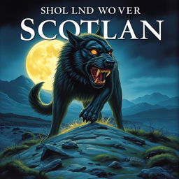 A book cover illustration featuring a large, glowing hound snarling ominously on the barren Scottish Moors, with a haunting full moon illuminated behind it