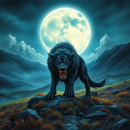 A book cover illustration featuring a large, glowing hound snarling ominously on the barren Scottish Moors, with a haunting full moon illuminated behind it