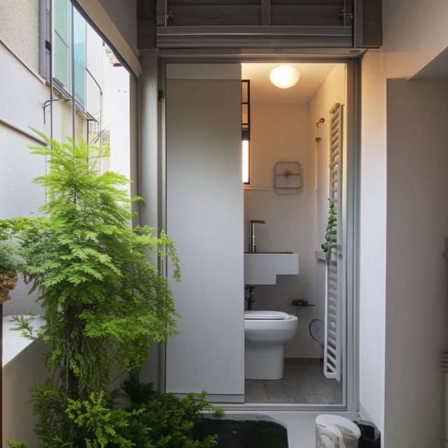 A 6x4 sq ft balcony transformed into a modern, compact and functional washroom with a smart use of space.