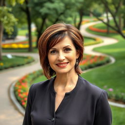A stunning Russian woman aged 45-50 with a stylish and modern hairstyle that highlights her elegance