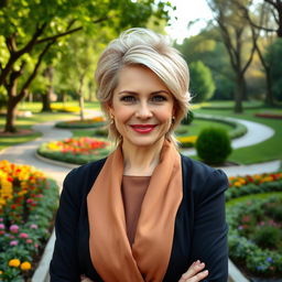 A stunning Russian woman aged 45-50 with a stylish and modern hairstyle that highlights her elegance