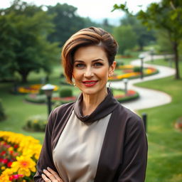 A stunning Russian woman aged 45-50 with a stylish and modern hairstyle that highlights her elegance