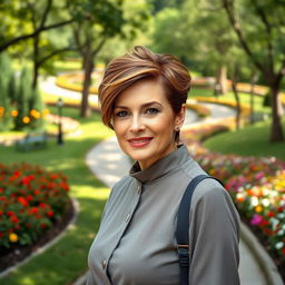A stunning Russian woman aged 45-50 with a stylish and modern hairstyle that highlights her elegance