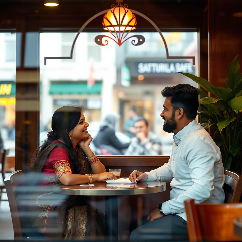 A romantic Indian couple sitting intimately at a table inside a cozy cafe, visible through a transparent window