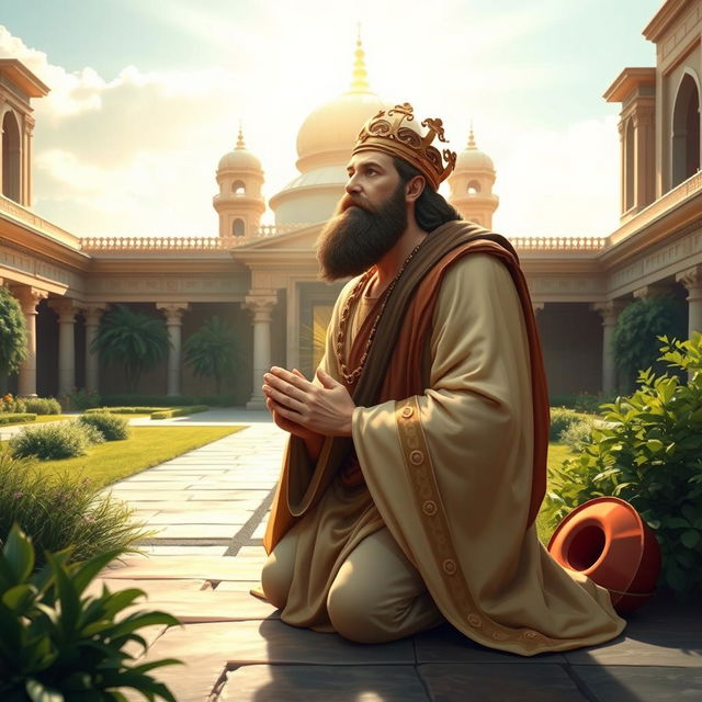 An artistic and respectful depiction of Cyrus the Great, also known as Cyrus the Elder, in a serene and majestic pose, kneeling humbly in prayer to God