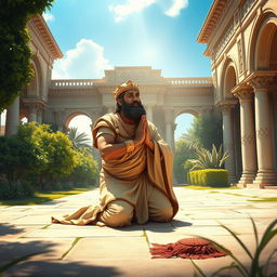 An artistic and respectful depiction of Cyrus the Great, also known as Cyrus the Elder, in a serene and majestic pose, kneeling humbly in prayer to God