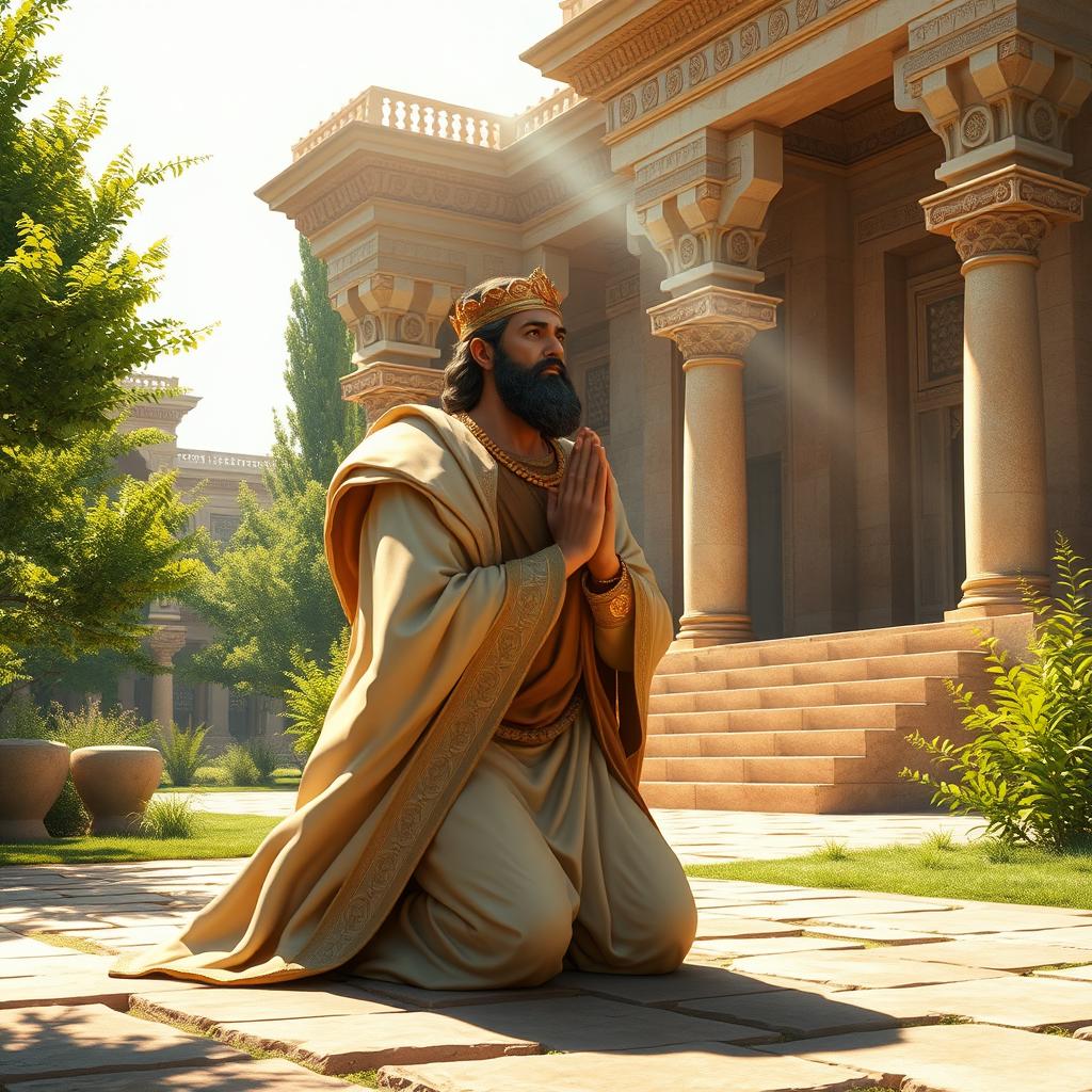 An artistic and respectful depiction of Cyrus the Great, also known as Cyrus the Elder, in a serene and majestic pose, kneeling humbly in prayer to God