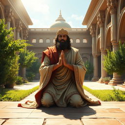 An artistic and respectful depiction of Cyrus the Great, also known as Cyrus the Elder, in a serene and majestic pose, kneeling humbly in prayer to God