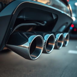 A detailed close-up shot of a high-performance car's exhaust system, featuring intricate metallic pipes with a sleek chrome finish