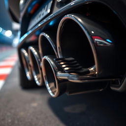 A detailed close-up shot of a high-performance car's exhaust system, featuring intricate metallic pipes with a sleek chrome finish
