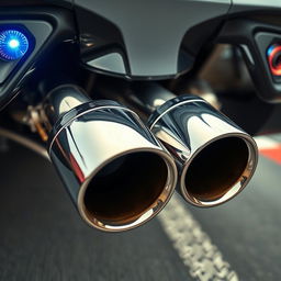 A detailed close-up shot of a high-performance car's exhaust system, featuring intricate metallic pipes with a sleek chrome finish