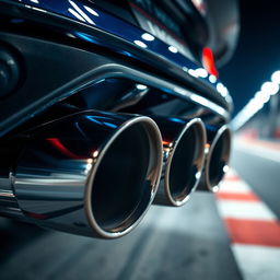 A detailed close-up shot of a high-performance car's exhaust system, featuring intricate metallic pipes with a sleek chrome finish