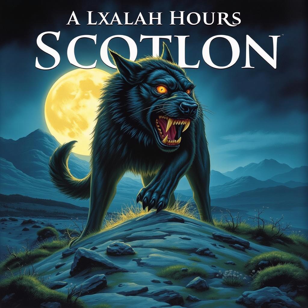 A book cover illustration featuring a large, glowing hound snarling fiercely on the barren Scottish Moors, with a dramatic full moon glowing behind it