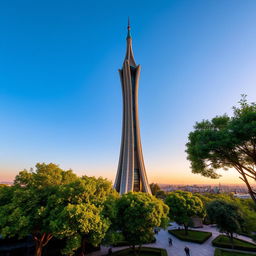A stunning view of the Golestan Tower in Gorgan, Iran, showcasing its unique architectural design and tall silhouette