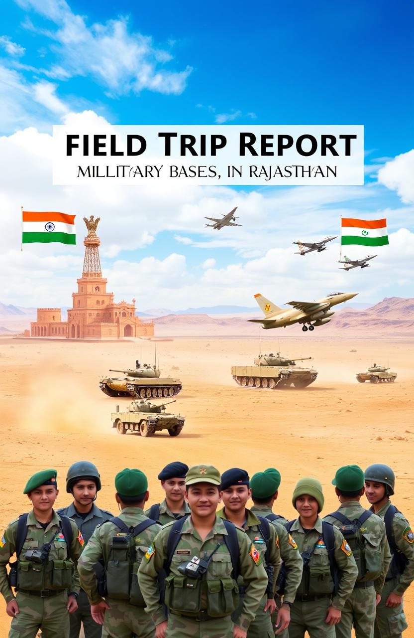 A visually striking cover page design for a field trip report focused on military bases in Rajasthan, India