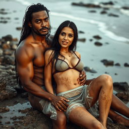 A full-length intimate photo shoot at a dirty beach featuring a stunning 22-year-old Arab woman in a transparent wet microskirt, playfully covered in dirt, accentuating her sexy boobs, hot navel, and seductive thighs