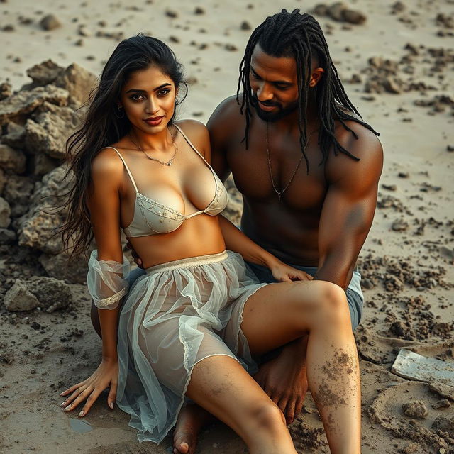 A full-length intimate photo shoot at a dirty beach featuring a stunning 22-year-old Arab woman in a transparent wet microskirt, playfully covered in dirt, accentuating her sexy boobs, hot navel, and seductive thighs