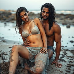 A full-length intimate photo shoot at a dirty beach featuring a stunning 22-year-old Arab woman in a transparent wet microskirt, playfully covered in dirt, accentuating her sexy boobs, hot navel, and seductive thighs