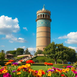 A stunning view of the iconic Golestan Tower in Gorgan, Iran, showcasing the tower's unique architecture with intricate tile work and beautiful Persian patterns