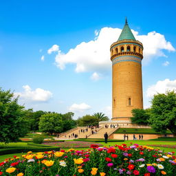 A stunning view of the iconic Golestan Tower in Gorgan, Iran, showcasing the tower's unique architecture with intricate tile work and beautiful Persian patterns