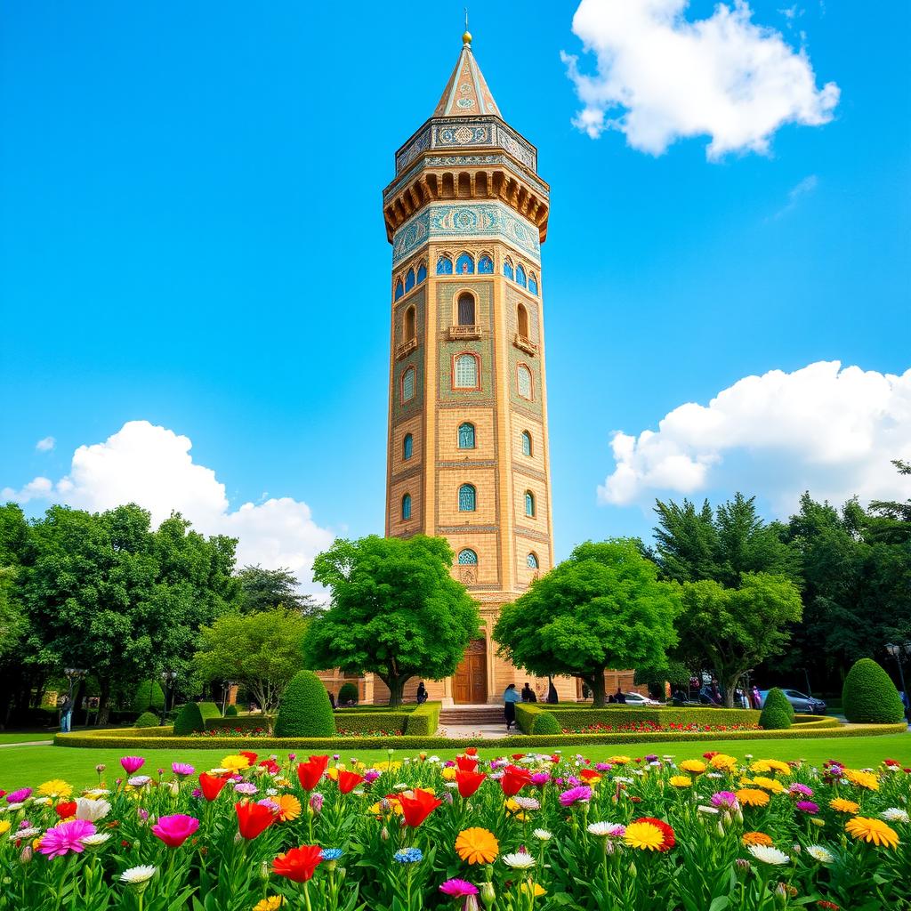 A stunning view of the iconic Golestan Tower in Gorgan, Iran, showcasing the tower's unique architecture with intricate tile work and beautiful Persian patterns