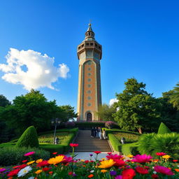 A stunning view of the iconic Golestan Tower in Gorgan, Iran, showcasing the tower's unique architecture with intricate tile work and beautiful Persian patterns