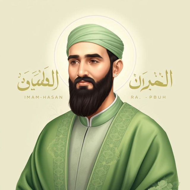 A serene portrait of Imam Hasan ibn Ali (RA), the grandson of the Prophet Muhammad (PBUH), depicted in a traditional Islamic art style