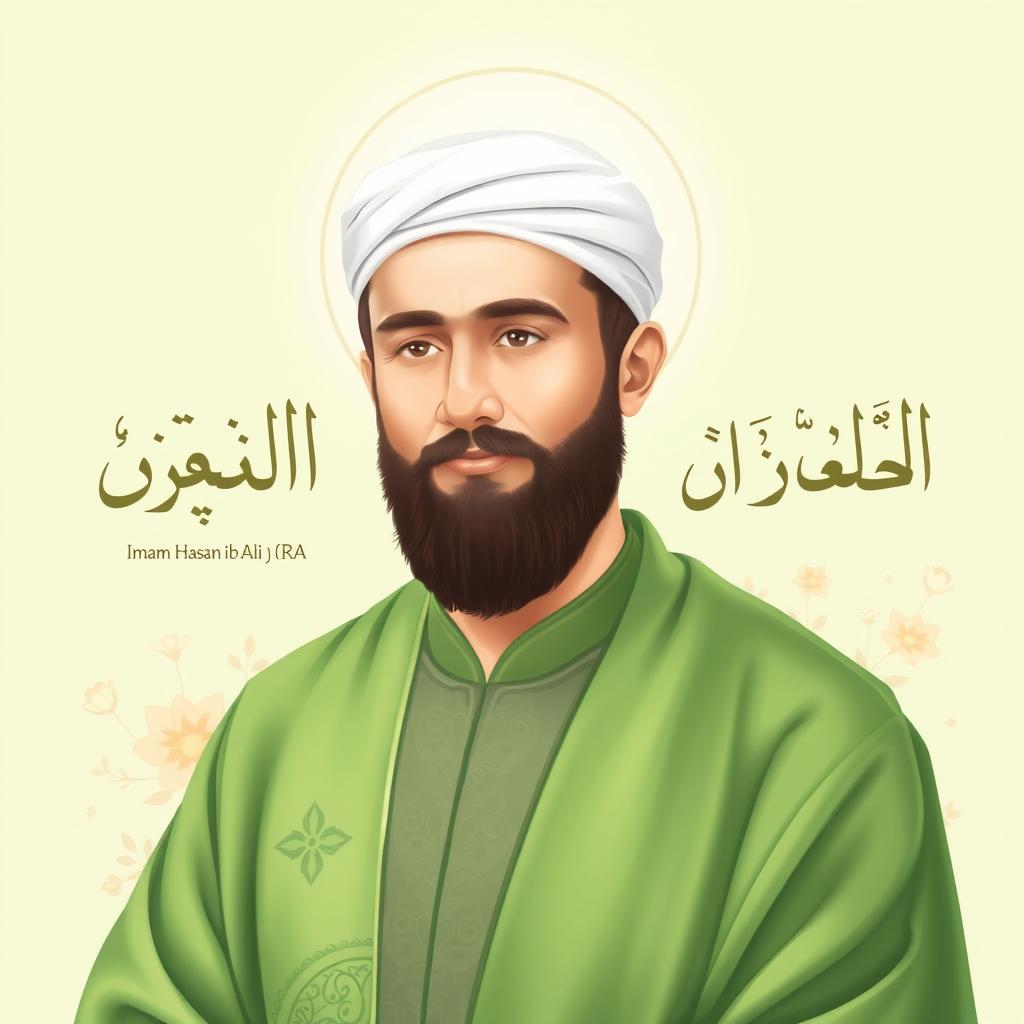 A serene portrait of Imam Hasan ibn Ali (RA), the grandson of the Prophet Muhammad (PBUH), depicted in a traditional Islamic art style