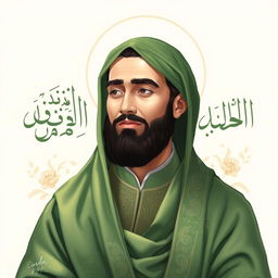A serene portrait of Imam Hasan ibn Ali (RA), the grandson of the Prophet Muhammad (PBUH), depicted in a traditional Islamic art style