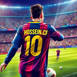 A digital portrait of Lionel Messi wearing a Barcelona football kit, with the back of the jersey prominently displaying the name 'Hosein_CF' in bold, striking typography
