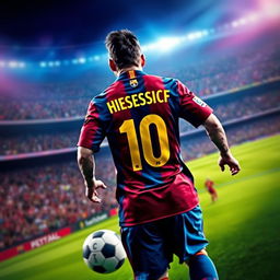 A digital portrait of Lionel Messi wearing a Barcelona football kit, with the back of the jersey prominently displaying the name 'Hosein_CF' in bold, striking typography