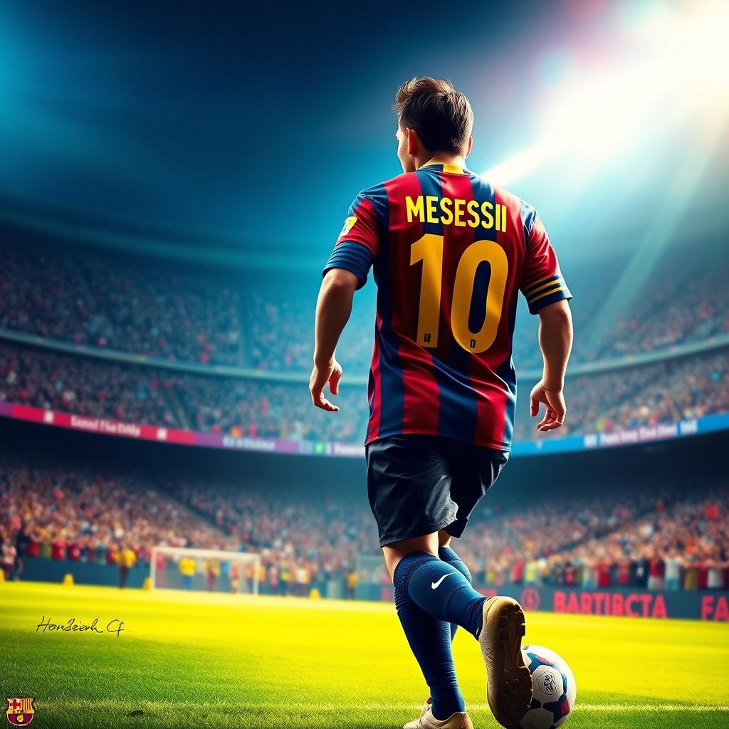 A digital portrait of Lionel Messi wearing a Barcelona football kit, with the back of the jersey prominently displaying the name 'Hosein_CF' in bold, striking typography
