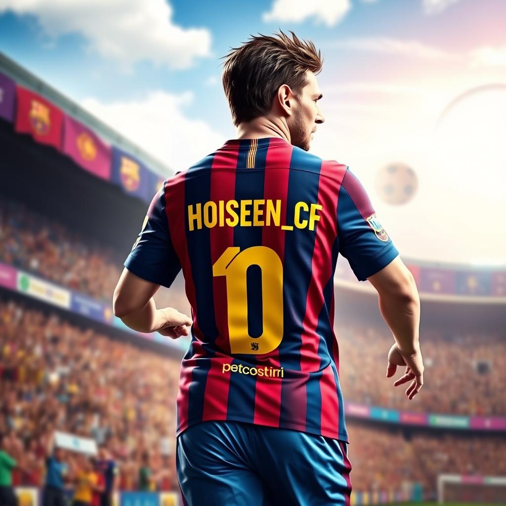 A digital artwork of Lionel Messi wearing a Barcelona football jersey, showcasing the back of the jersey prominently featuring the name 'Hosein_CF' in stylish, high-graphic typography