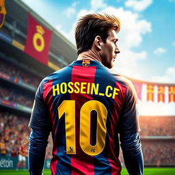 A digital artwork of Lionel Messi wearing a Barcelona football jersey, showcasing the back of the jersey prominently featuring the name 'Hosein_CF' in stylish, high-graphic typography