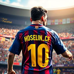 A digital artwork of Lionel Messi wearing a Barcelona football jersey, showcasing the back of the jersey prominently featuring the name 'Hosein_CF' in stylish, high-graphic typography