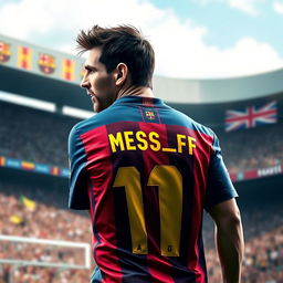 A digital artwork of Lionel Messi wearing a Barcelona football jersey, showcasing the back of the jersey prominently featuring the name 'Hosein_CF' in stylish, high-graphic typography