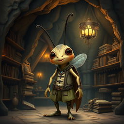 A whimsical humanized cricket character, standing upright with an expressive face and wearing a charming outfit inspired by medieval and baroque styles